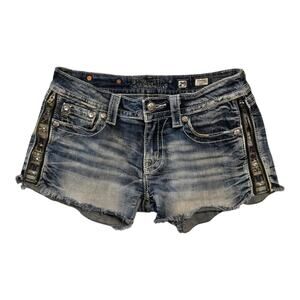 Miss Me Signature Short Womens Size 29 Blue Distressed Rhinestones Embroidery